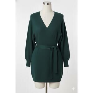 Zonsaoja Holiday Sexy Knit Sweater Mini Dress V Neck Dark Green Long Sleeve L